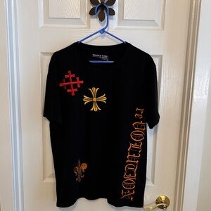 Smoke Rises Embroidered Front and Back T-Shirt with Orange and Gold Accents XL